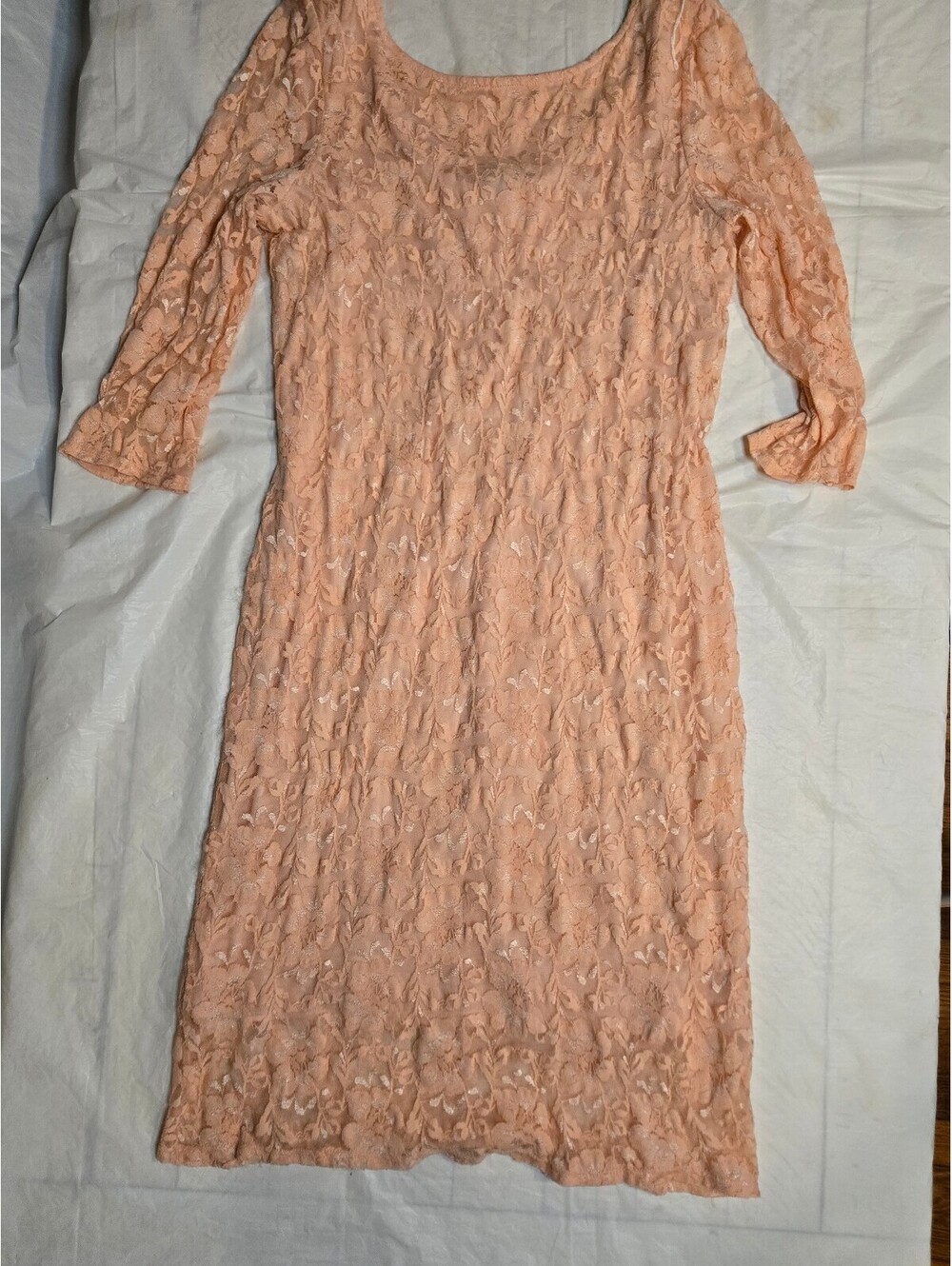 Vintage ONYX Nite Women's 12 Peach Floral Lace 3/4 Sleeve Lined Dress